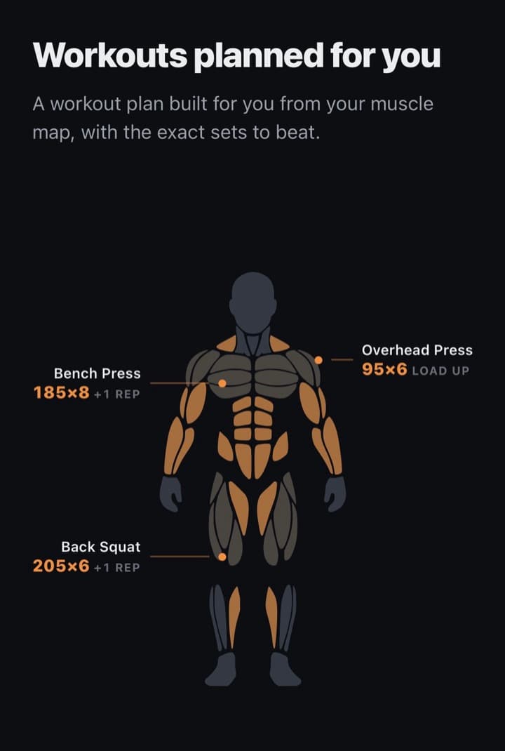 MyoState screen: Workouts planned for you — a muscle map with exact sets to beat for bench press, overhead press, and back squat